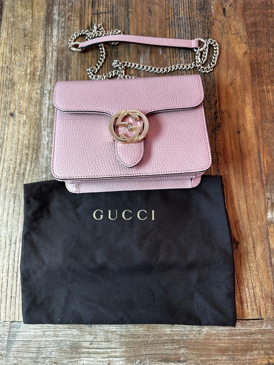 Gucci Handbags - Gucci Pink Pebbled Leather Chain Crossbody Bag with Gold GG